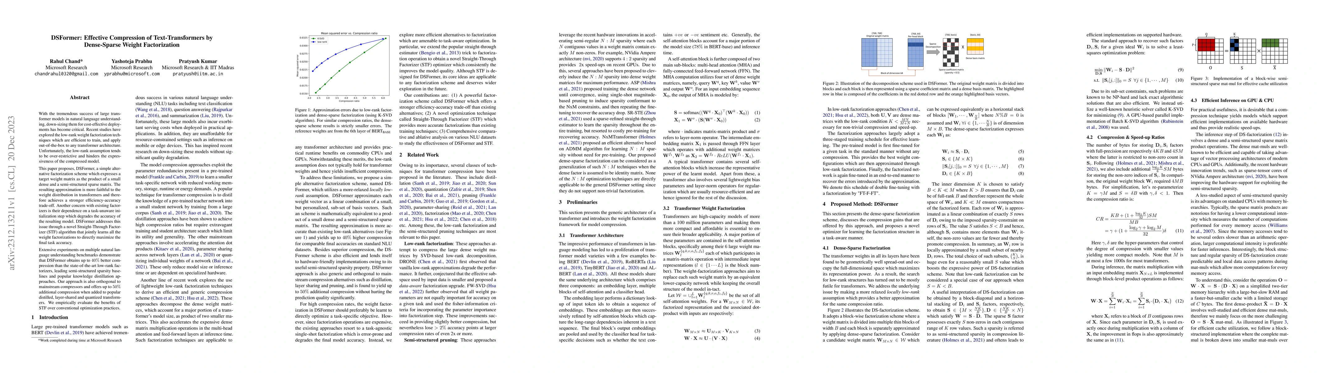 Thumbnail for DSFormer: Effective Compression of Text-Transformers by Dense-Sparse
  Weight Factorization