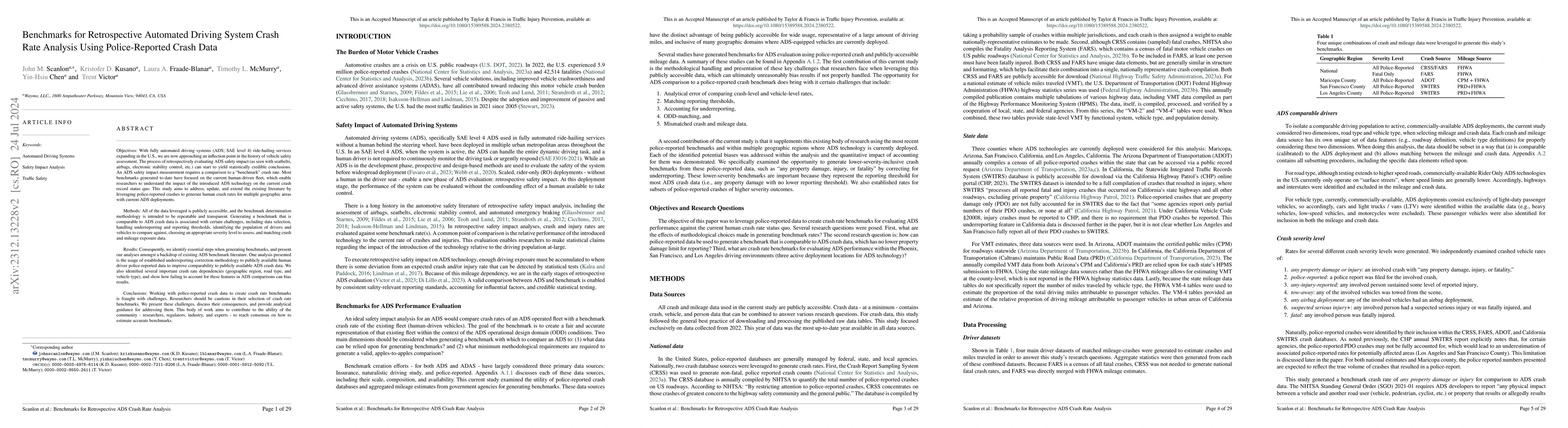 Thumbnail for Benchmarks for Retrospective Automated Driving System Crash Rate
  Analysis Using Police-Reported Crash Data