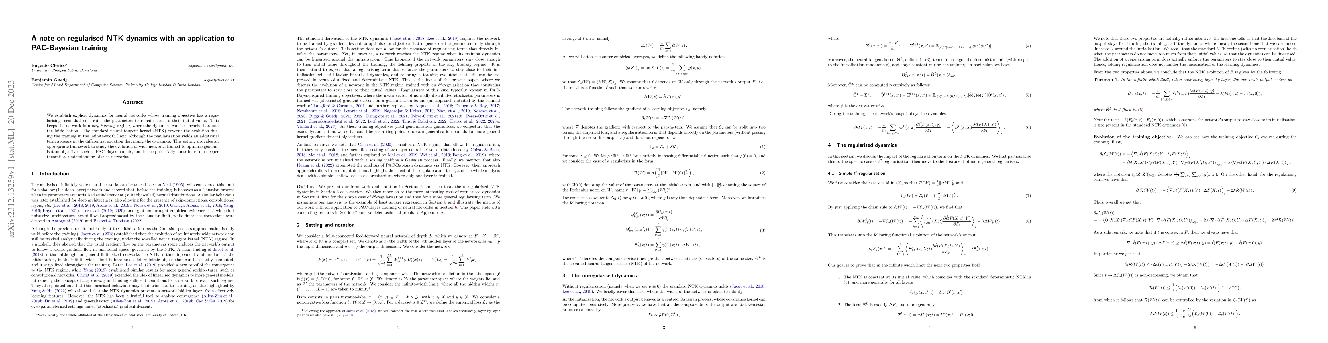 Thumbnail for A note on regularised NTK dynamics with an application to PAC-Bayesian
  training