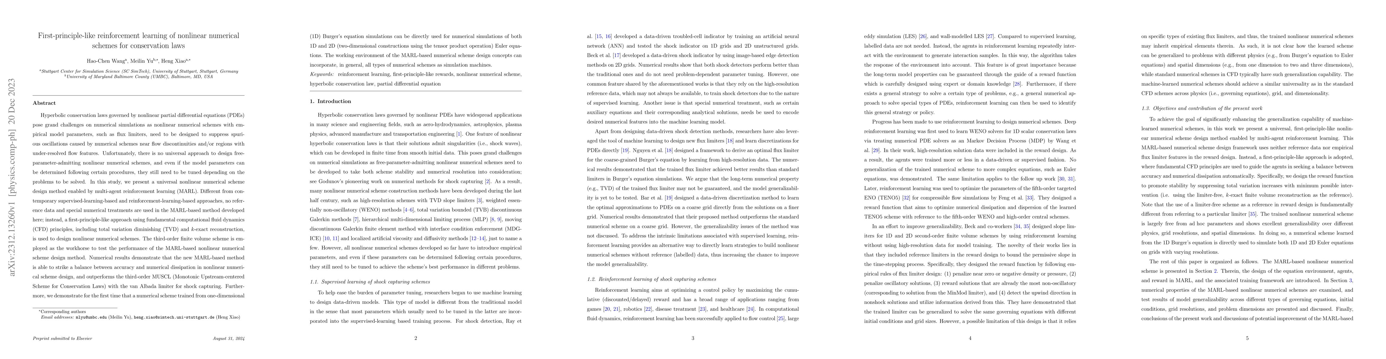 Thumbnail for First-principle-like reinforcement learning of nonlinear numerical
  schemes for conservation laws