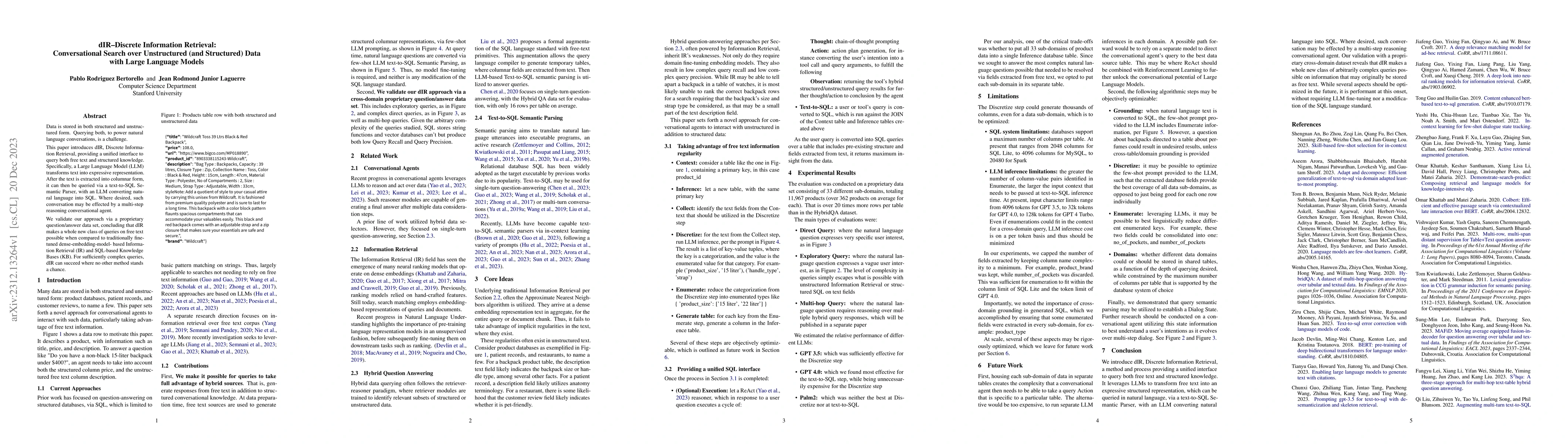 Thumbnail for dIR -- Discrete Information Retrieval: Conversational Search over
  Unstructured (and Structured) Data with Large Language Models