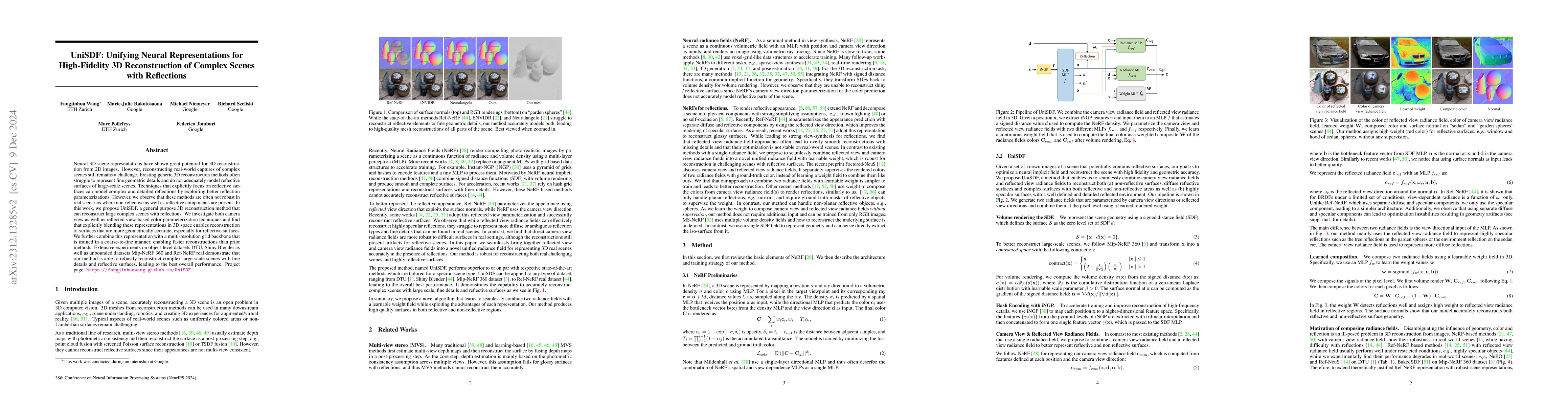 Thumbnail for UniSDF: Unifying Neural Representations for High-Fidelity 3D
  Reconstruction of Complex Scenes with Reflections