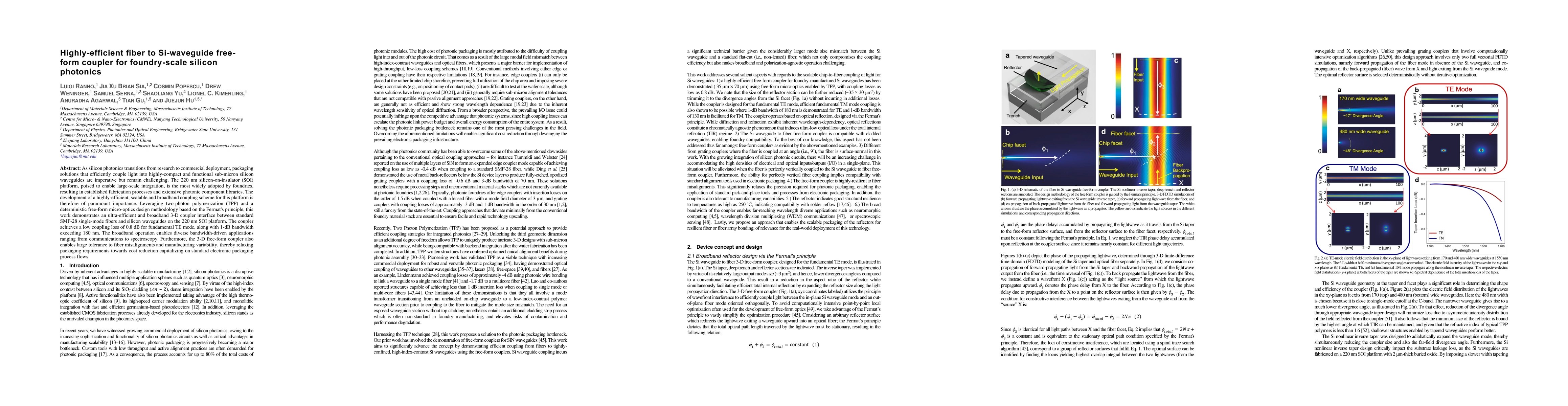Thumbnail for Highly-efficient fiber to Si-waveguide free-form coupler for
  foundry-scale silicon photonics