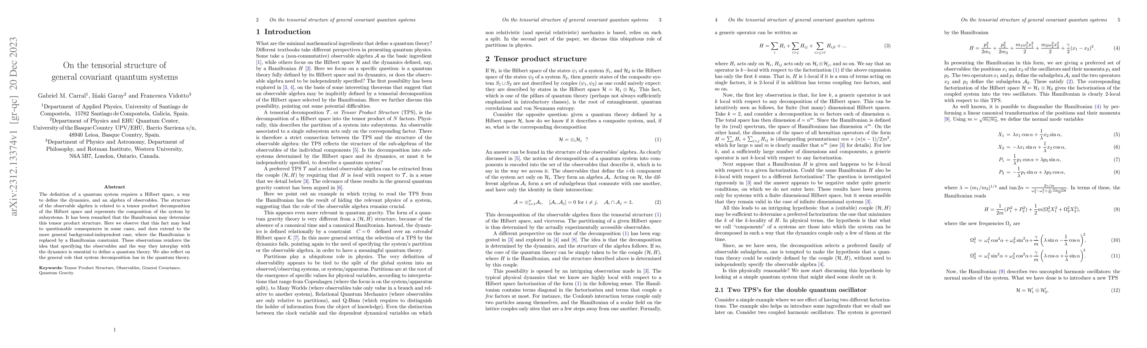 Thumbnail for On the tensorial structure of general covariant quantum systems