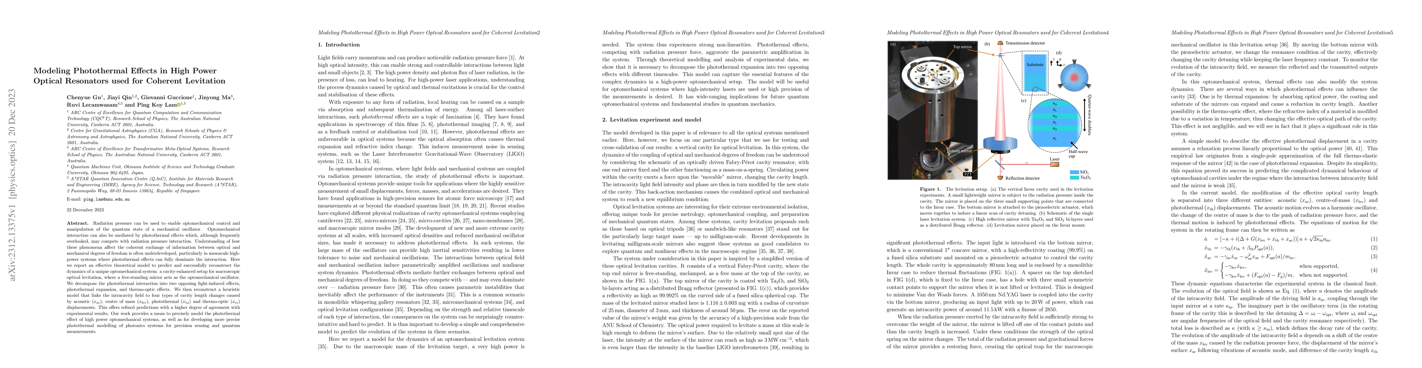 Thumbnail for Modeling Photothermal Effects in High Power Optical Resonators used for
  Coherent Levitation