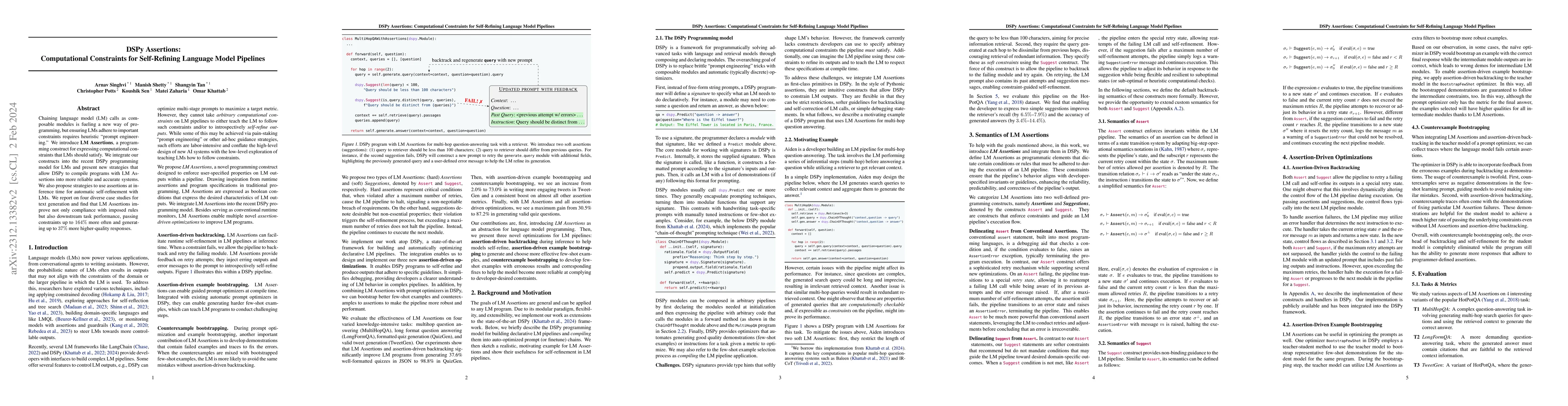 Thumbnail for DSPy Assertions: Computational Constraints for Self-Refining Language
  Model Pipelines