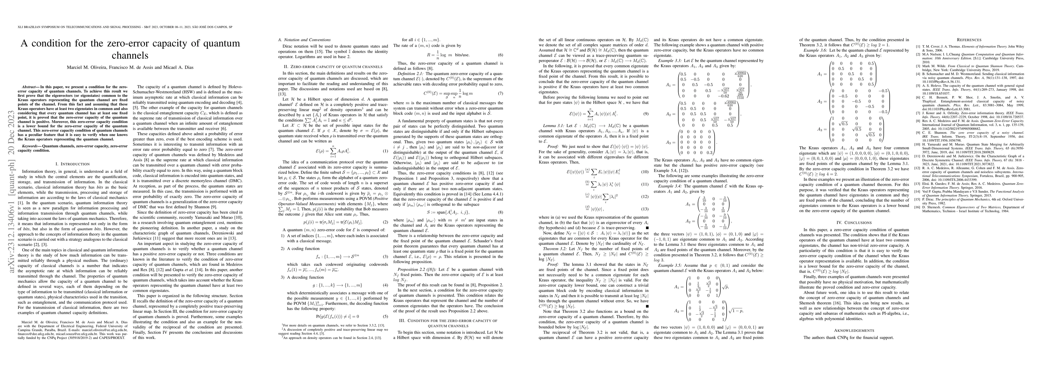 Thumbnail for A condition for the zero-error capacity of quantum channels