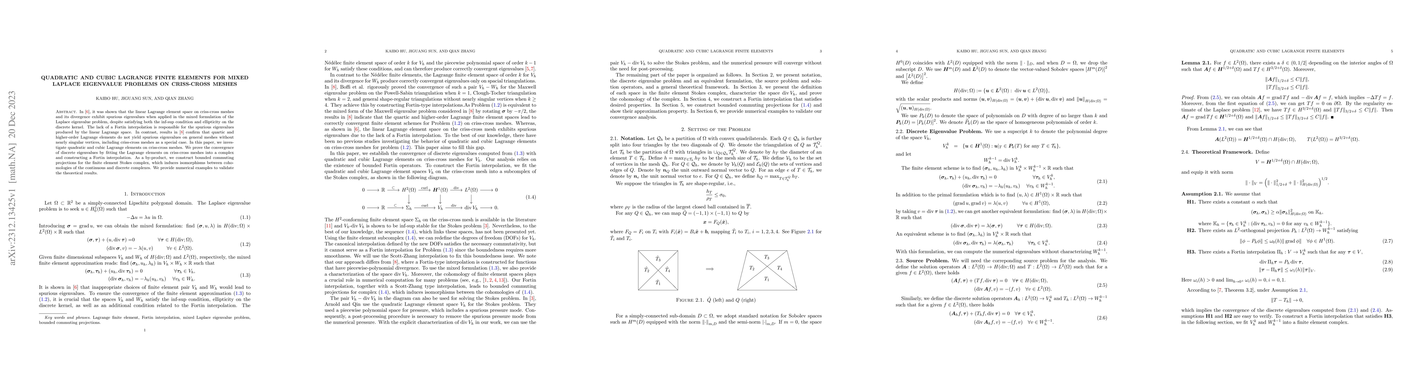 Thumbnail for Quadratic and cubic Lagrange finite elements for mixed Laplace
  eigenvalue problems on criss-cross meshes