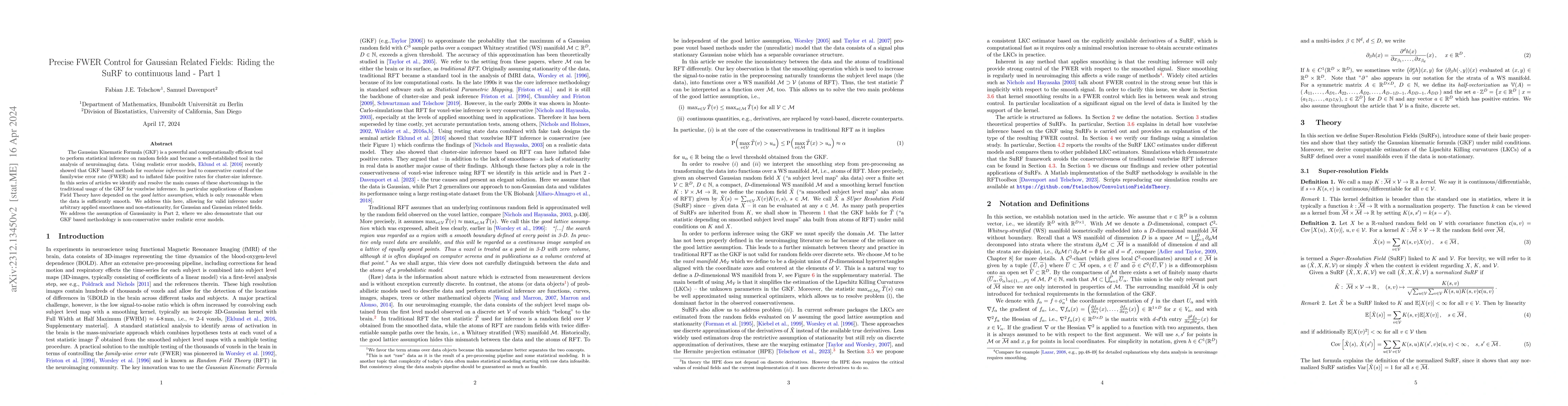 Thumbnail for Precise FWER Control for Gaussian Related Fields: Riding the SuRF to
  continuous land -- Part 1