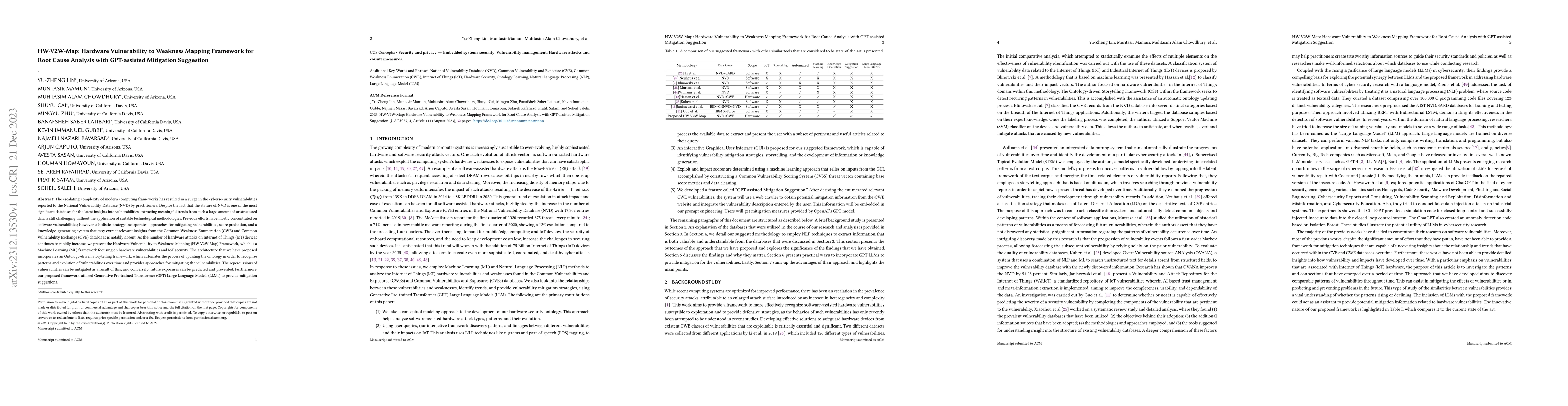 Thumbnail for HW-V2W-Map: Hardware Vulnerability to Weakness Mapping Framework for
  Root Cause Analysis with GPT-assisted Mitigation Suggestion