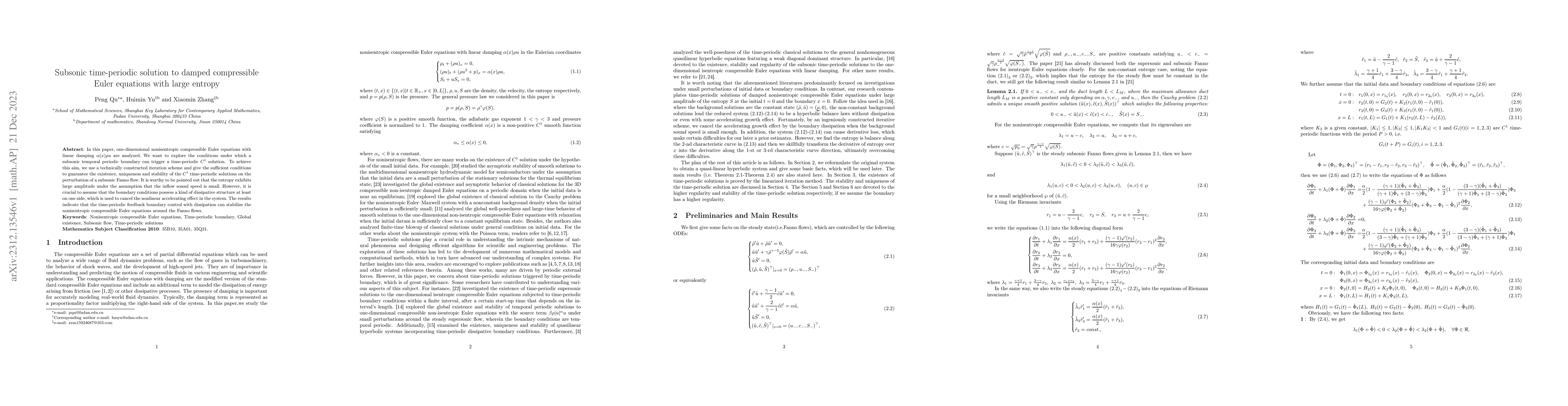 Thumbnail for Subsonic time-periodic solution to damped compressible Euler equations
  with large entropy