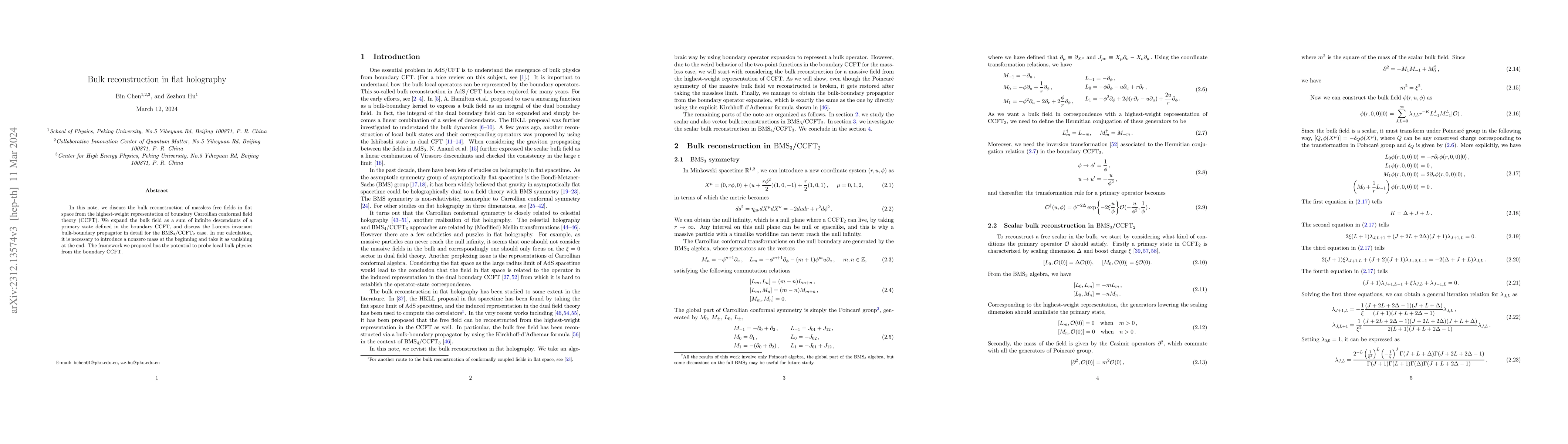 Thumbnail for Bulk reconstruction in flat holography