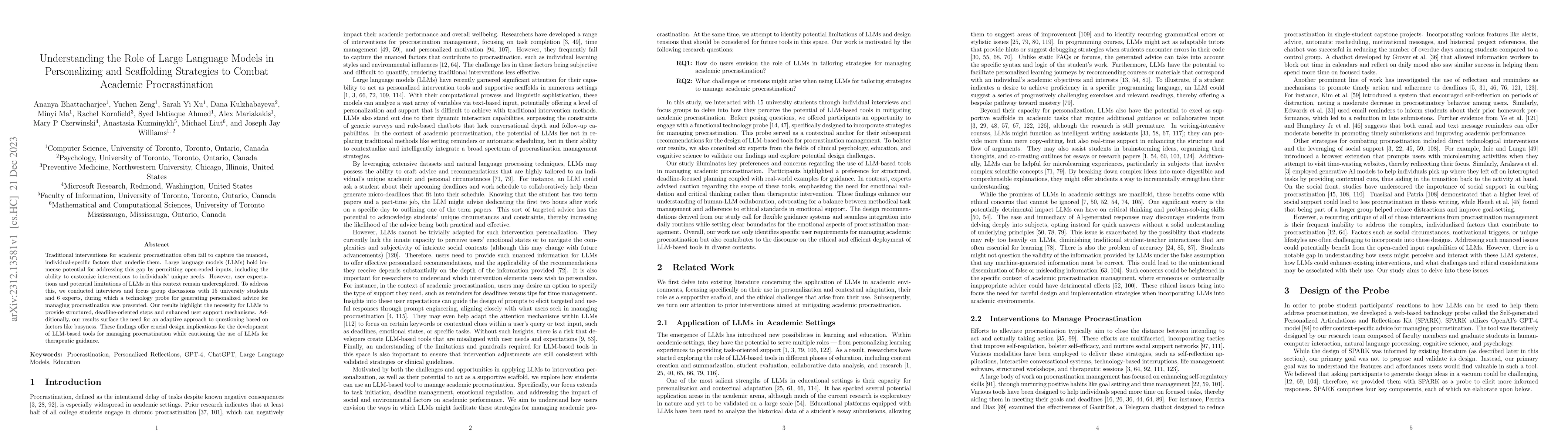 Thumbnail for Understanding the Role of Large Language Models in Personalizing and
  Scaffolding Strategies to Combat Academic Procrastination