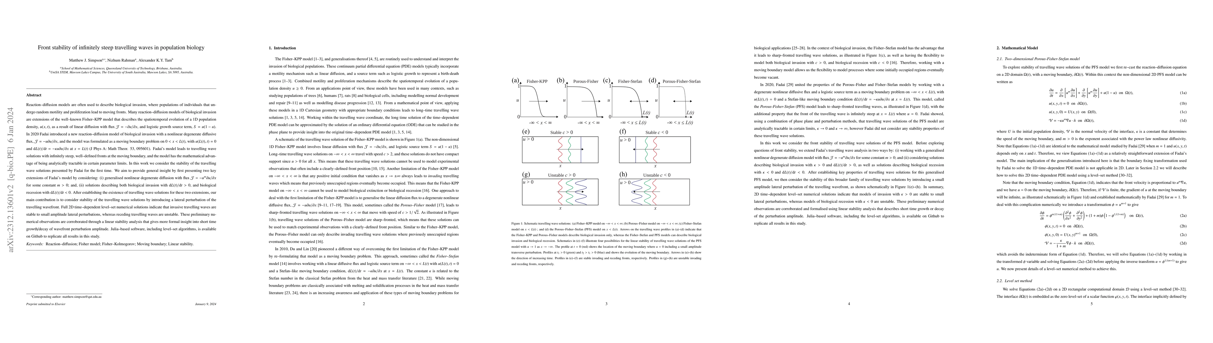 Thumbnail for Front stability of infinitely steep travelling waves in population
  biology