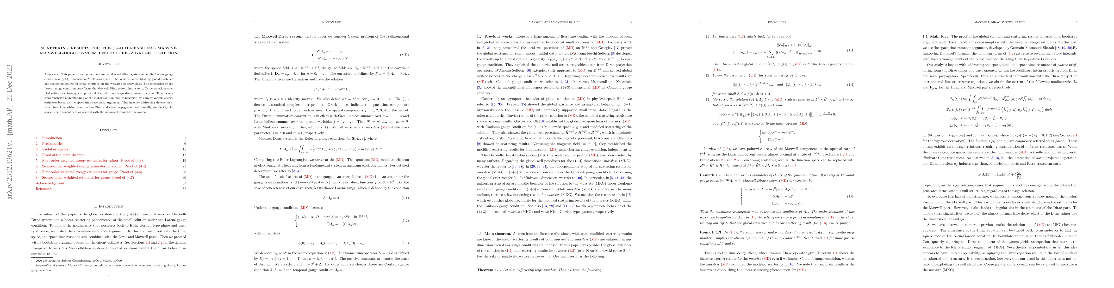Thumbnail for Scattering results for the (1+4) dimensional massive Maxwell-Dirac
  system under Lorenz gauge condition