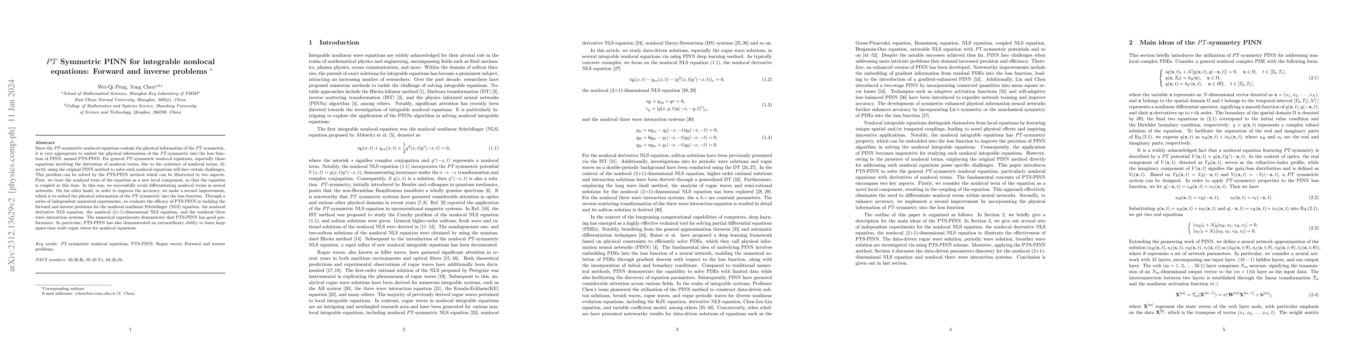 Thumbnail for $PT$ Symmetric PINN for integrable nonlocal equations: Forward and
  inverse problems