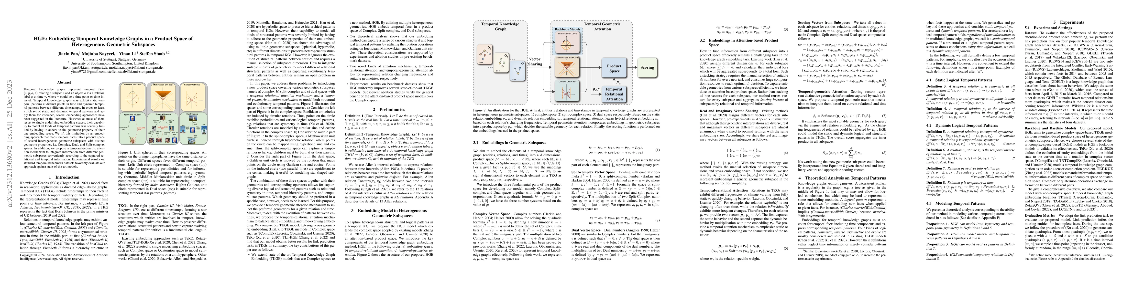 Thumbnail for HGE: Embedding Temporal Knowledge Graphs in a Product Space of
  Heterogeneous Geometric Subspaces