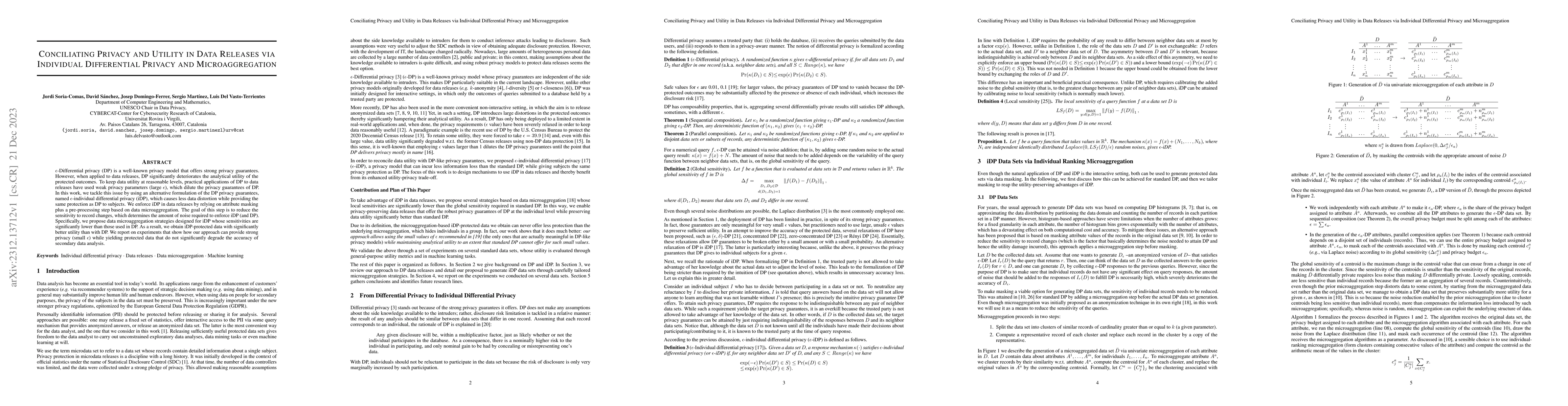 Thumbnail for Conciliating Privacy and Utility in Data Releases via Individual
  Differential Privacy and Microaggregation