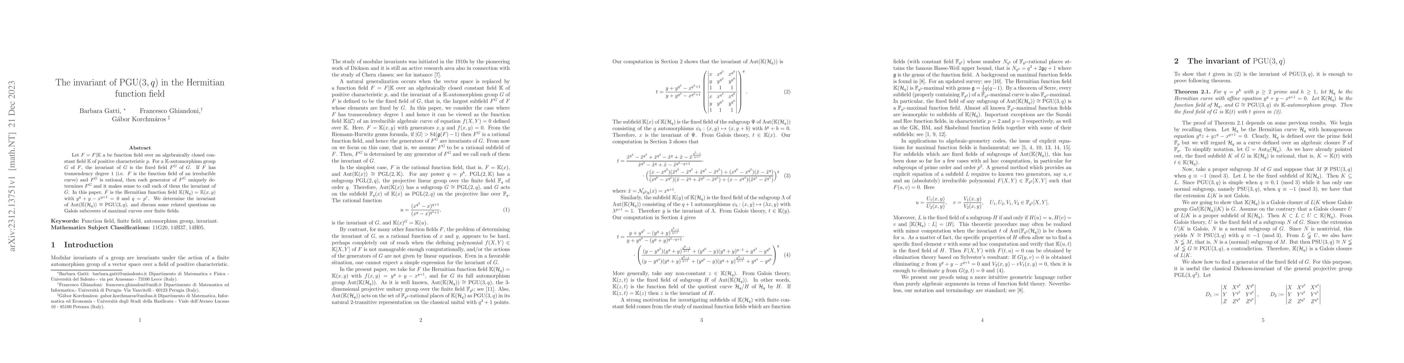 Thumbnail for The invariant of $PGU(3,q)$ in the Hermitian function field