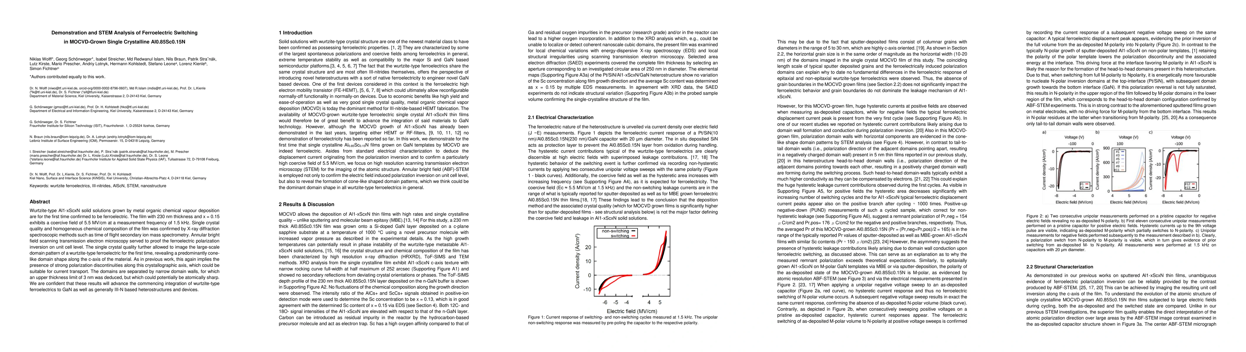 Thumbnail for Demonstration and STEM Analysis of Ferroelectric Switching in
  MOCVD-Grown Single Crystalline Al$_{0.85}$Sc$_{0.15}$N