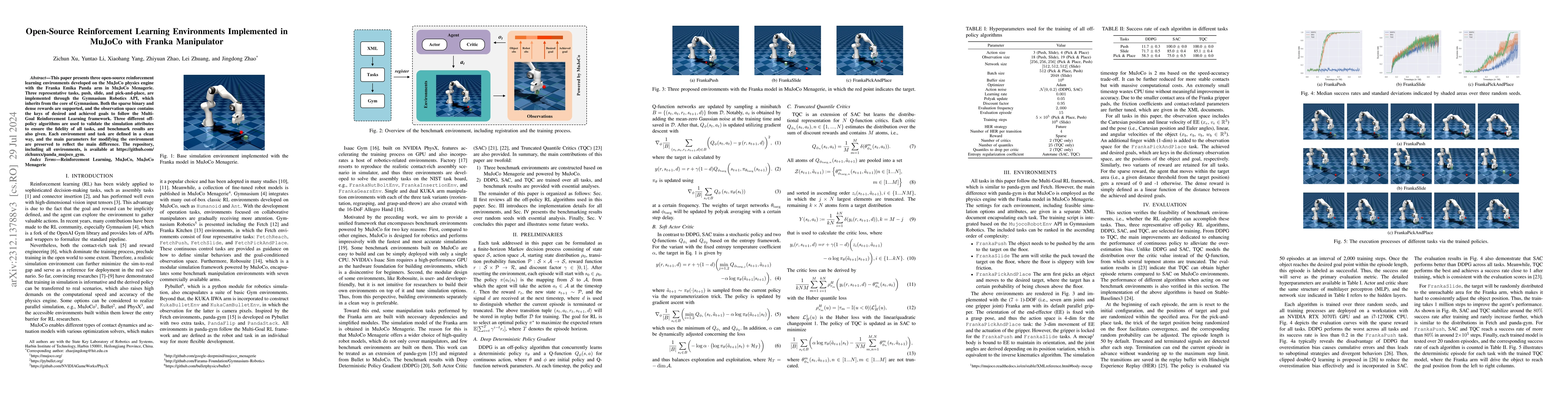 Thumbnail for Open-Source Reinforcement Learning Environments Implemented in MuJoCo
  with Franka Manipulator