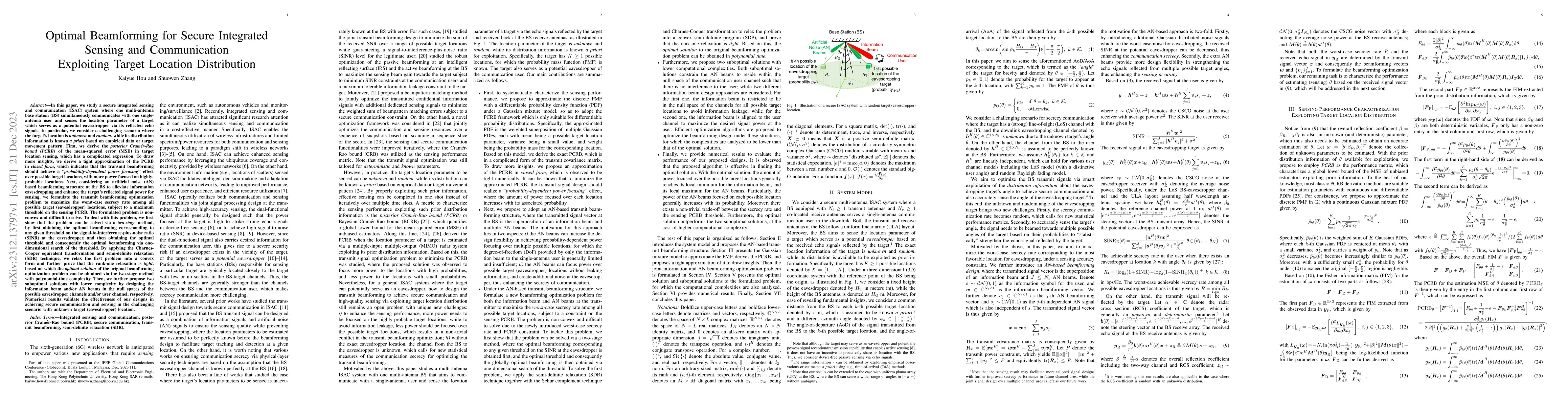 Thumbnail for Optimal Beamforming for Secure Integrated Sensing and Communication
  Exploiting Target Location Distribution