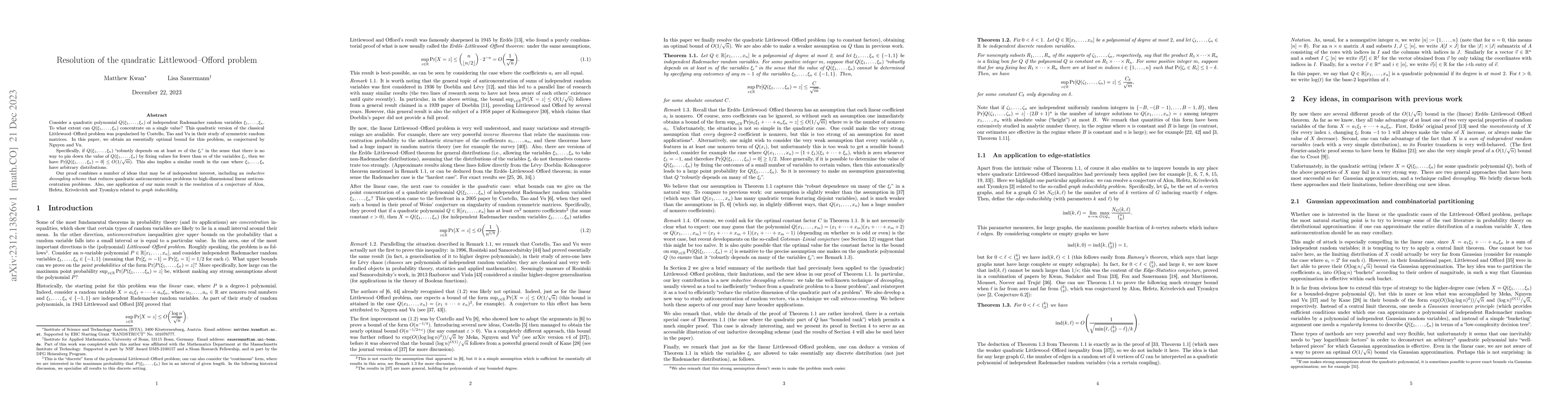 Thumbnail for Resolution of the quadratic Littlewood--Offord problem