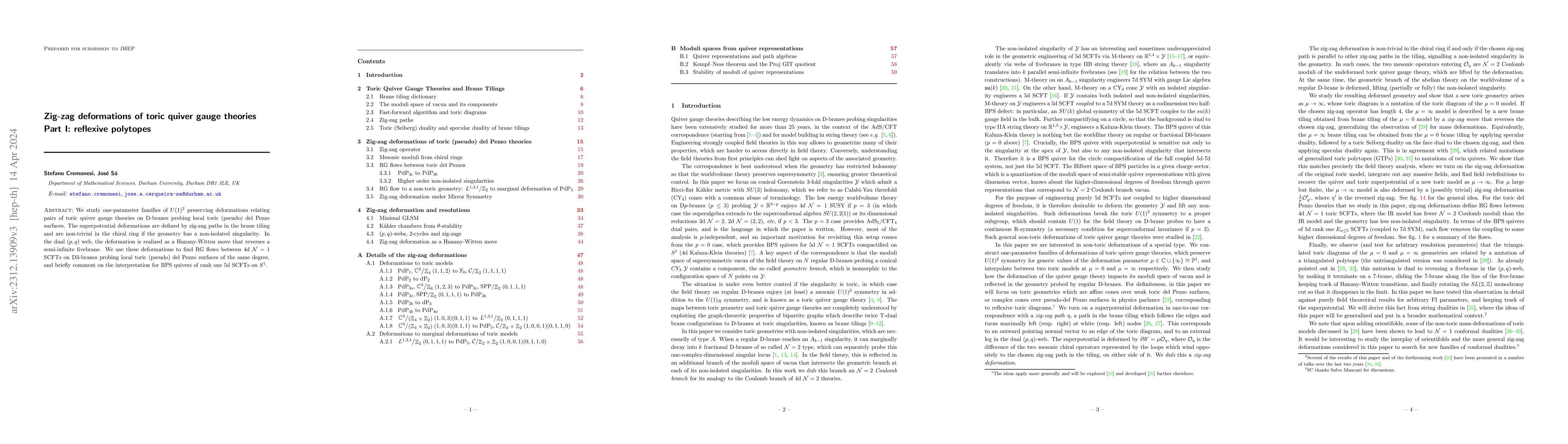 Thumbnail for Zig-zag deformations of toric quiver gauge theories. Part I: reflexive
  polytopes