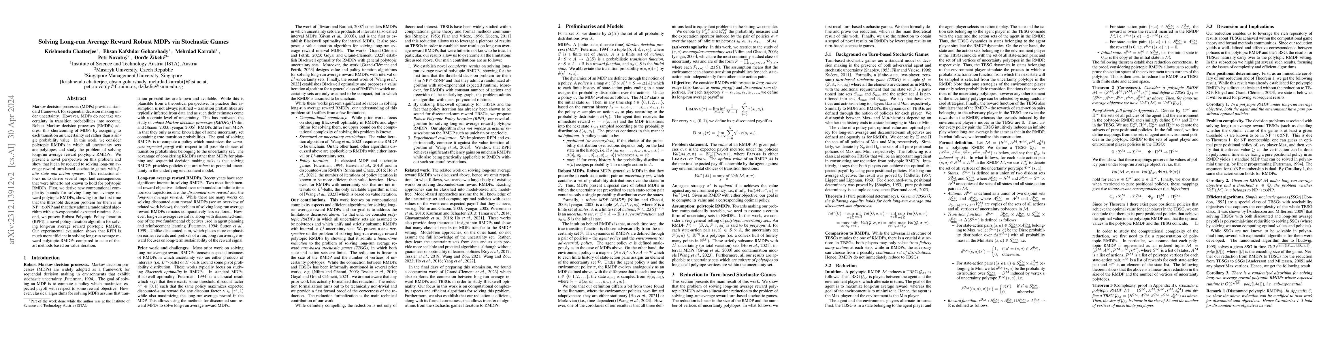 Thumbnail for Solving Long-run Average Reward Robust MDPs via Stochastic Games