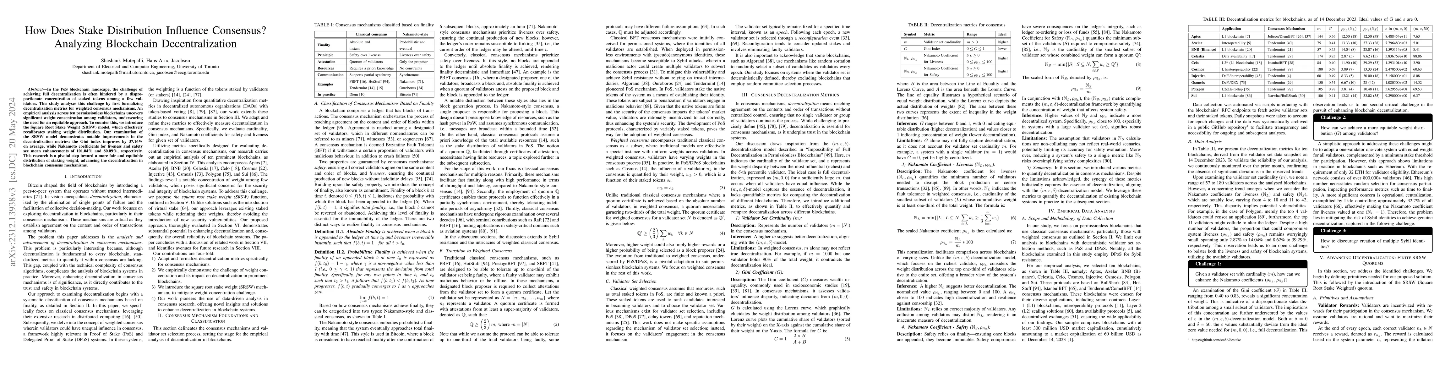 Thumbnail for How Does Stake Distribution Influence Consensus? Analyzing Blockchain
  Decentralization