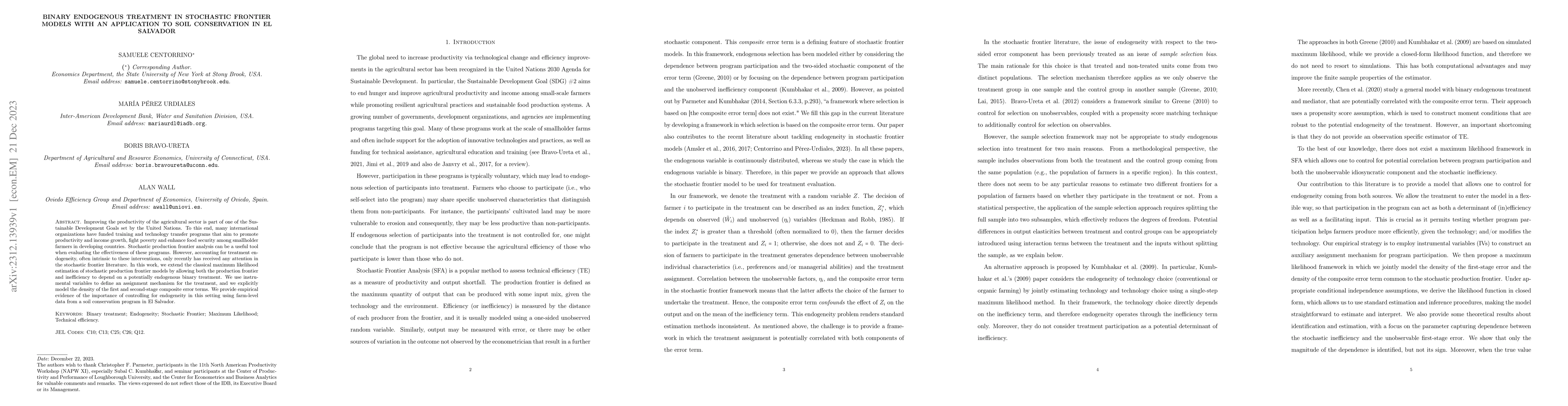 Thumbnail for Binary Endogenous Treatment in Stochastic Frontier Models with an
  Application to Soil Conservation in El Salvador