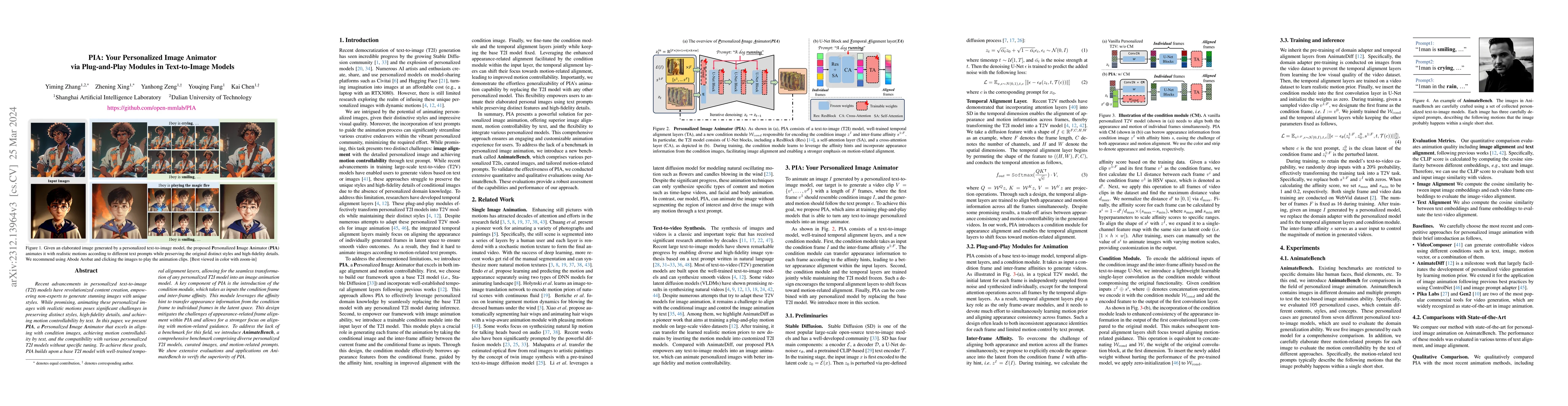 Thumbnail for PIA: Your Personalized Image Animator via Plug-and-Play Modules in
  Text-to-Image Models