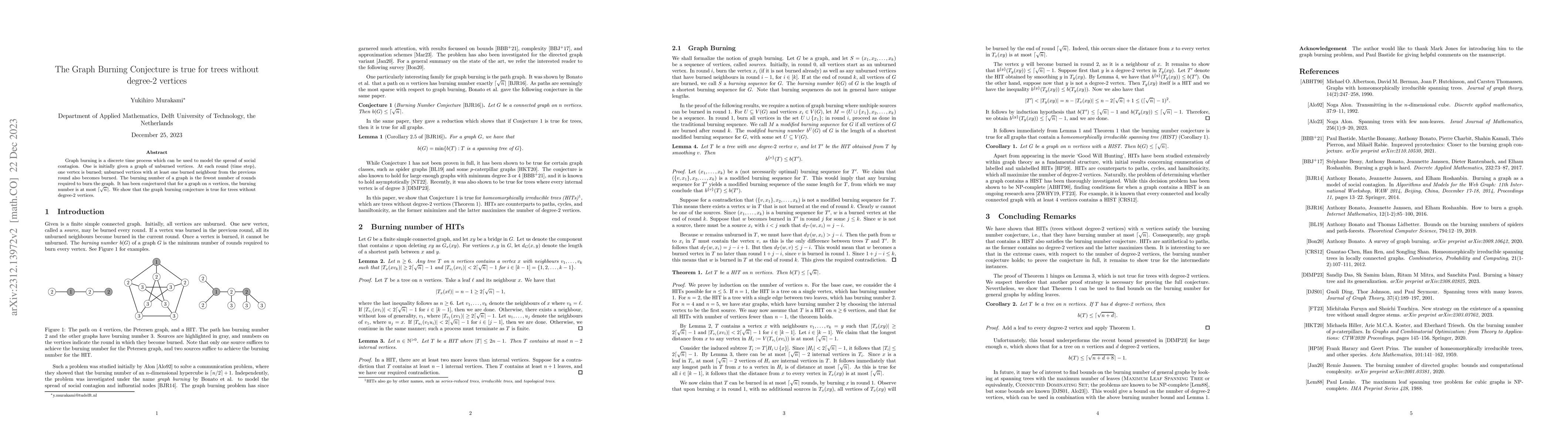 Thumbnail for The Graph Burning Conjecture is true for trees without degree-2 vertices