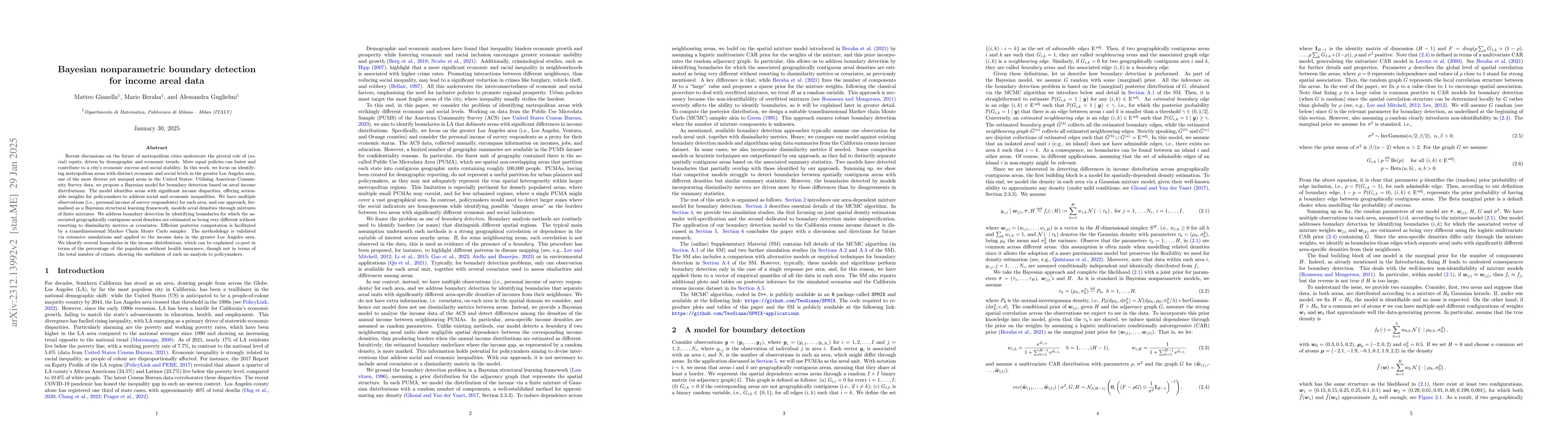 Thumbnail for Bayesian nonparametric boundary detection for income areal data