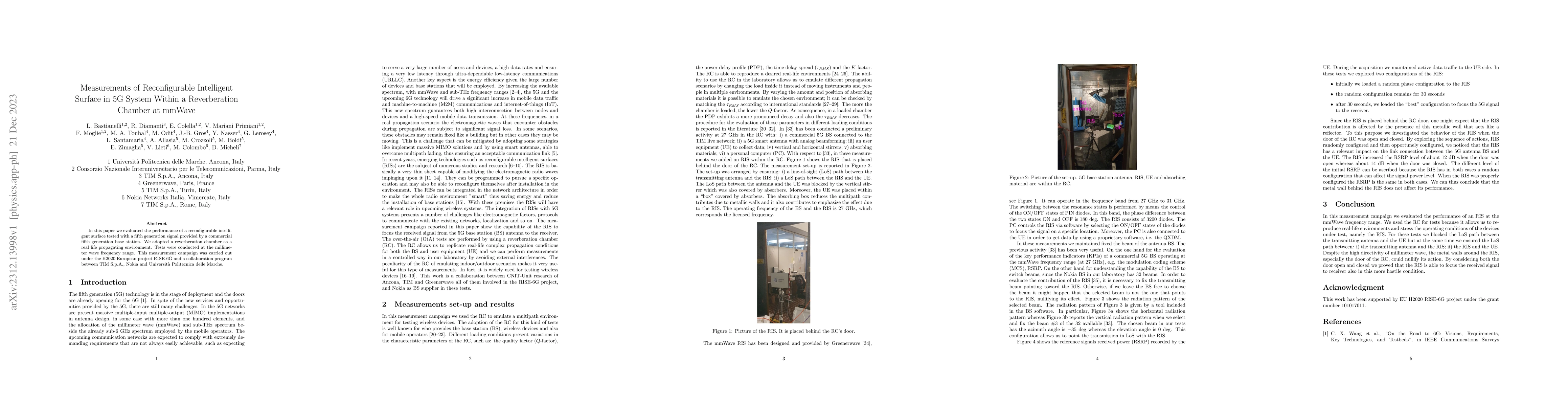 Thumbnail for Measurements of Reconfigurable Intelligent Surface in 5G System Within a
  Reverberation Chamber at mmWave
