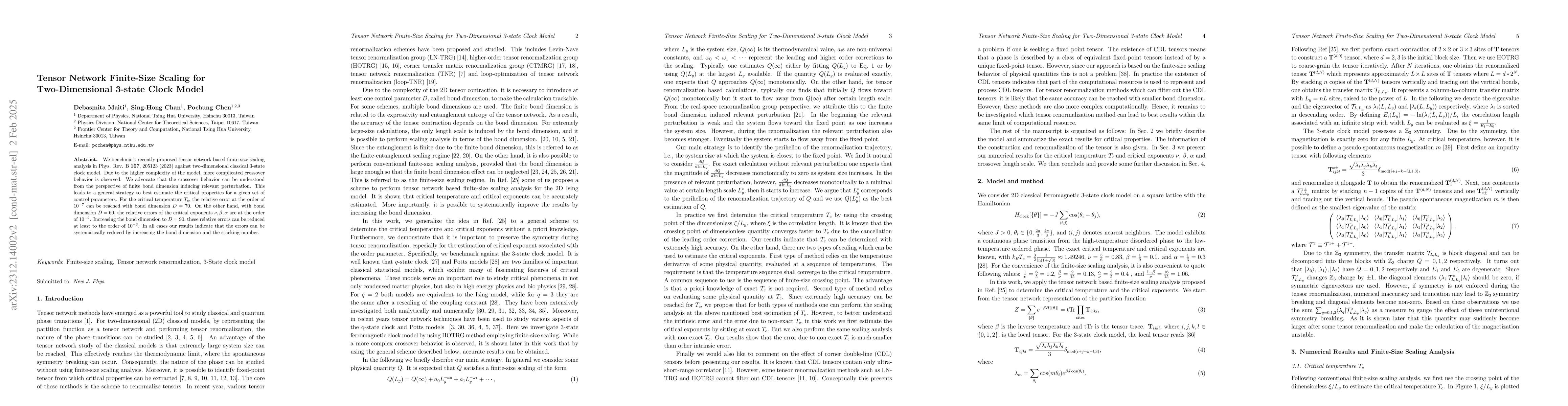 Thumbnail for Tensor Network Finite-Size Scaling for Two-Dimensional 3-state Clock
  Model