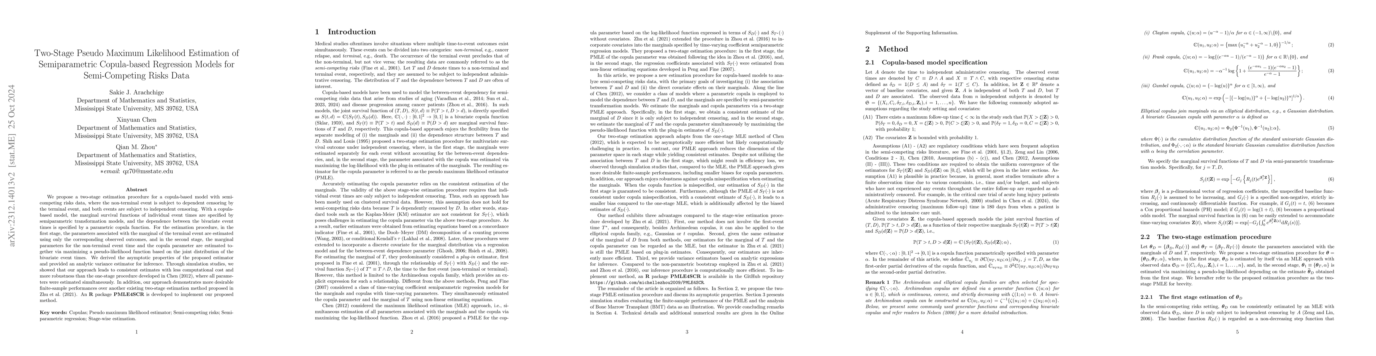 Thumbnail for Two-Stage Pseudo Maximum Likelihood Estimation of Semiparametric
  Copula-based Regression Models for Semi-Competing Risks Data