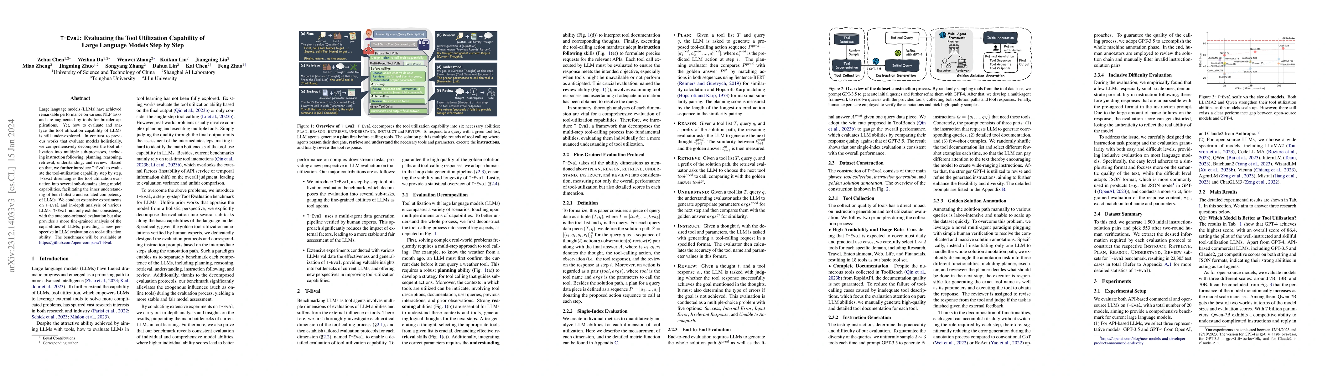 Thumbnail for T-Eval: Evaluating the Tool Utilization Capability of Large Language
  Models Step by Step