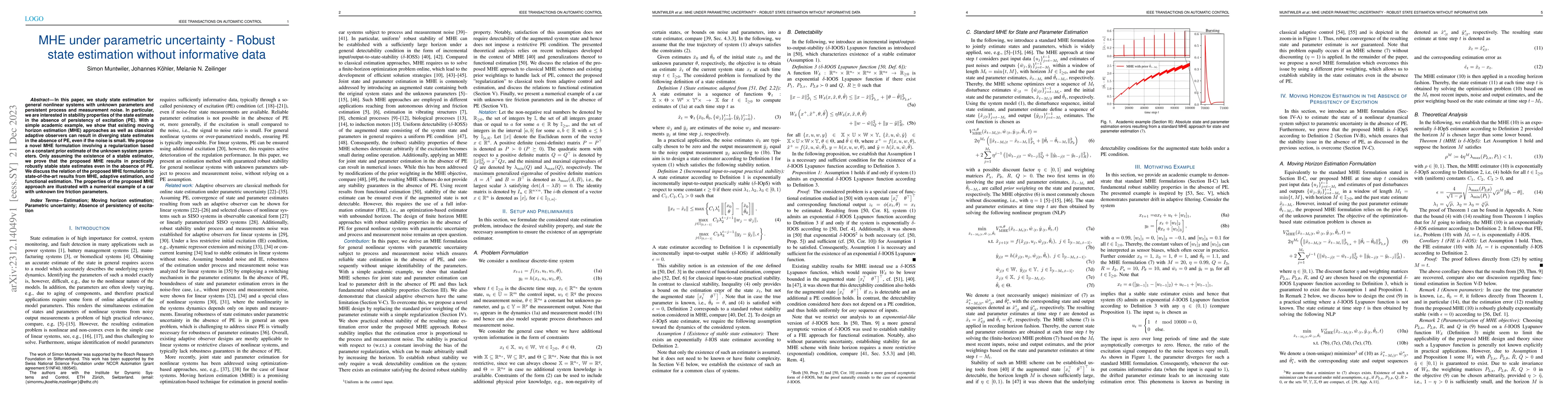 Thumbnail for MHE under parametric uncertainty -- Robust state estimation without
  informative data