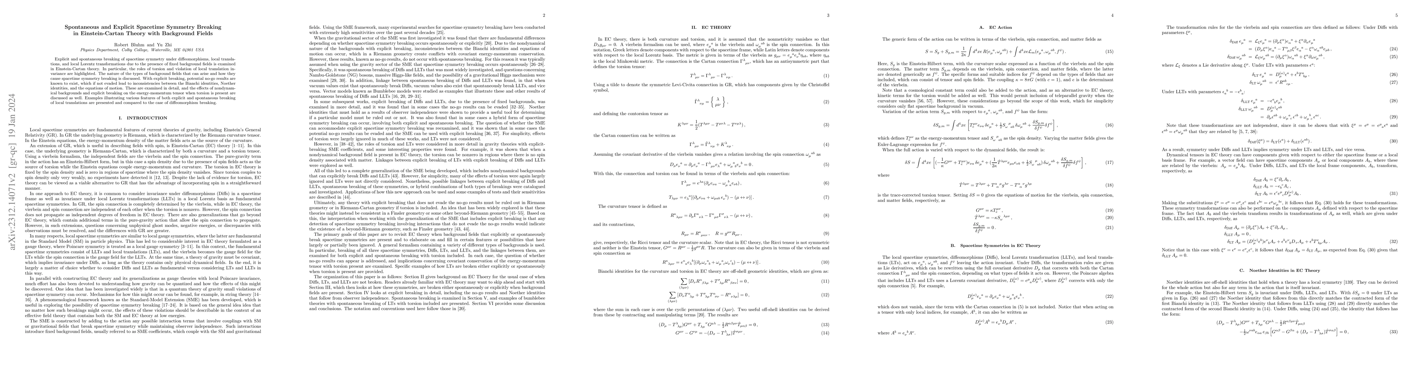 Thumbnail for Spontaneous and Explicit Spacetime Symmetry Breaking in Einstein-Cartan
  Theory with Background Fields