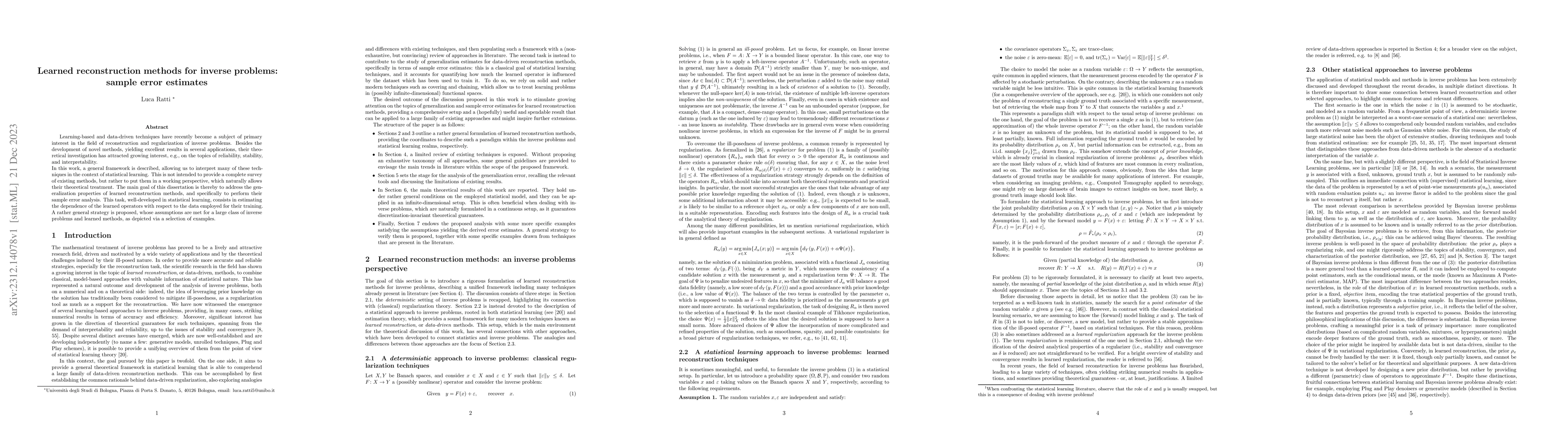 Thumbnail for Learned reconstruction methods for inverse problems: sample error
  estimates