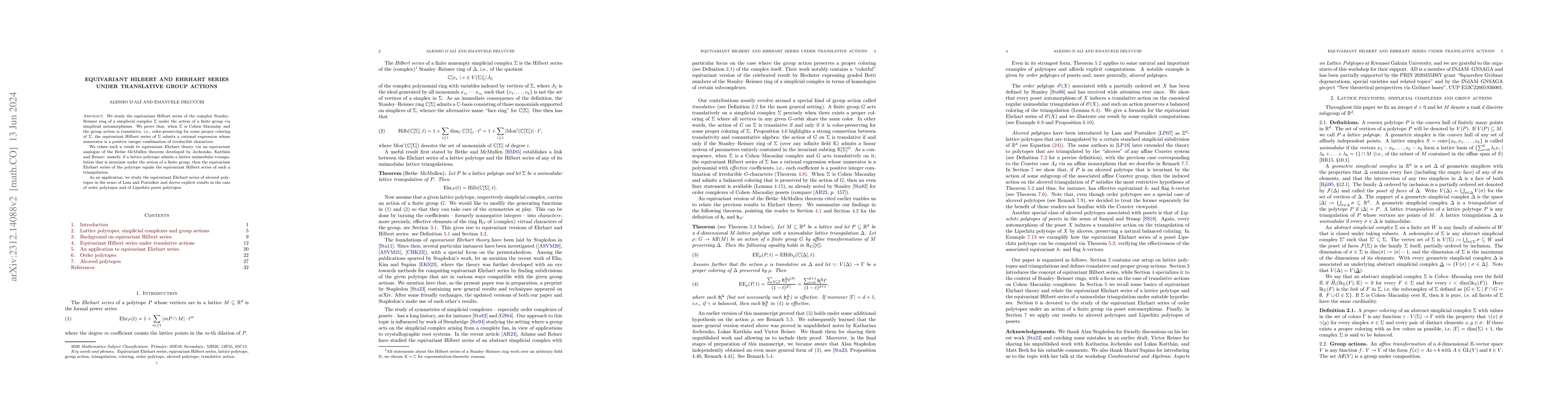 Thumbnail for Equivariant Hilbert and Ehrhart series under translative group actions