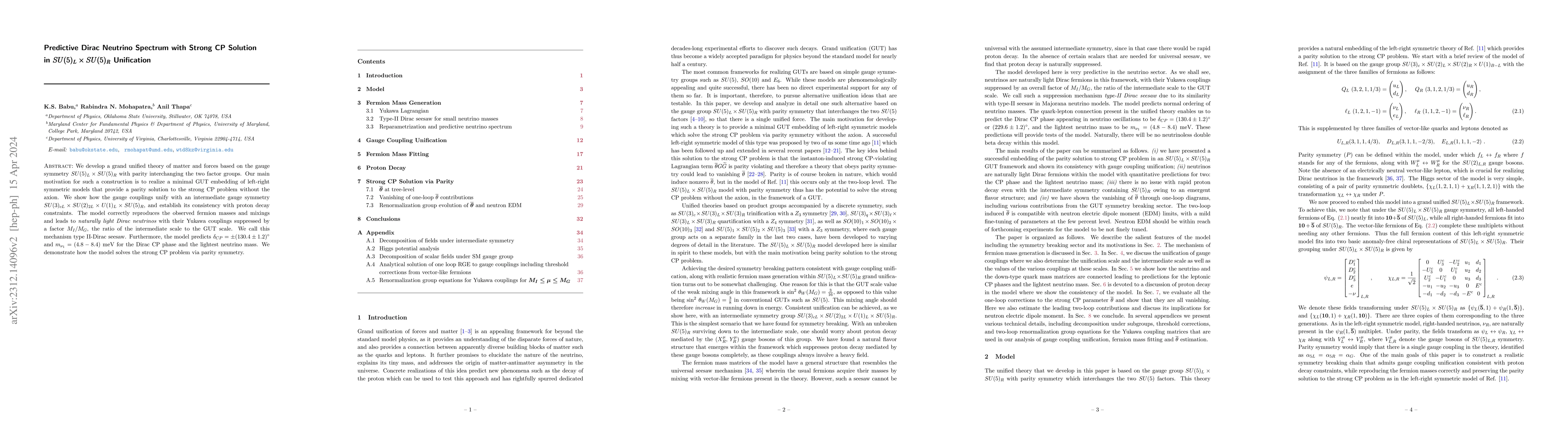 Thumbnail for Predictive Dirac Neutrino Spectrum with Strong CP Solution in
  $\pmb{SU(5)_L \times SU(5)_R}$ Unification
