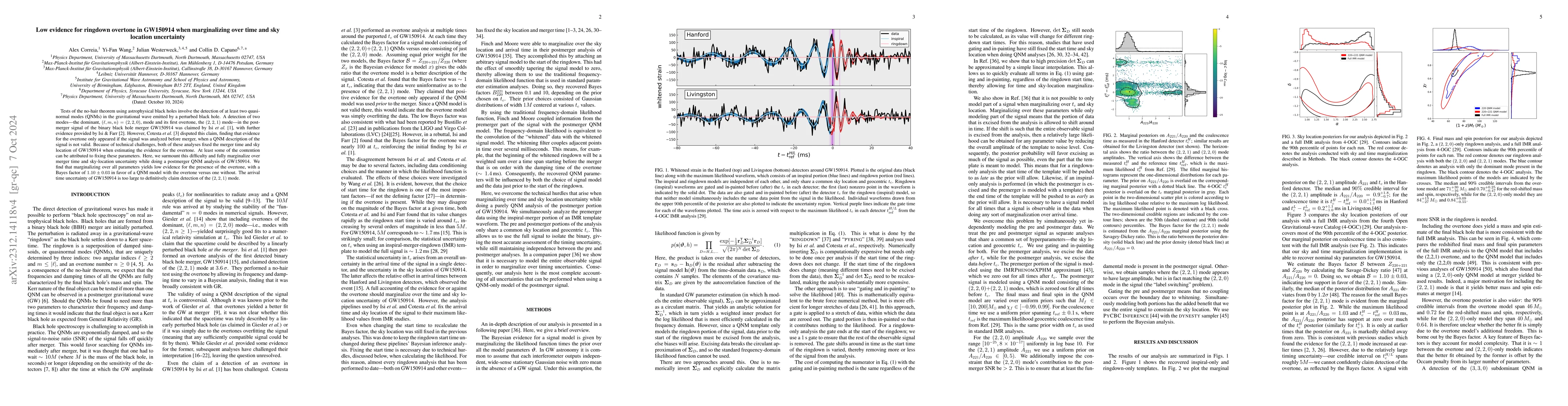 Thumbnail for Low evidence for ringdown overtone in GW150914 when marginalizing over
  time and sky location uncertainty
