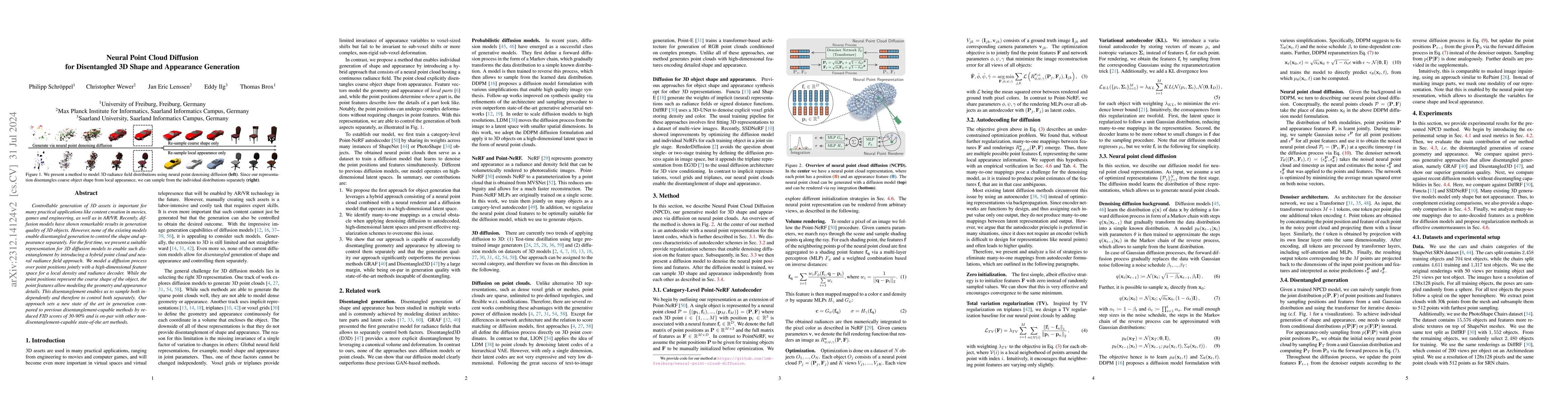 Thumbnail for Neural Point Cloud Diffusion for Disentangled 3D Shape and Appearance
  Generation