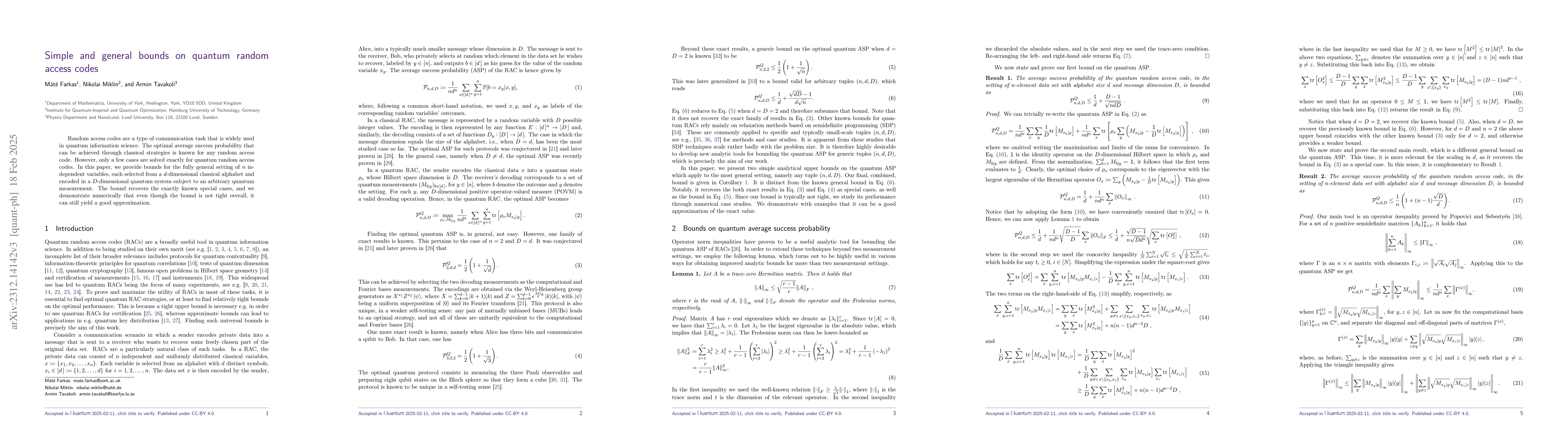 Thumbnail for Simple and general bounds on quantum random access codes