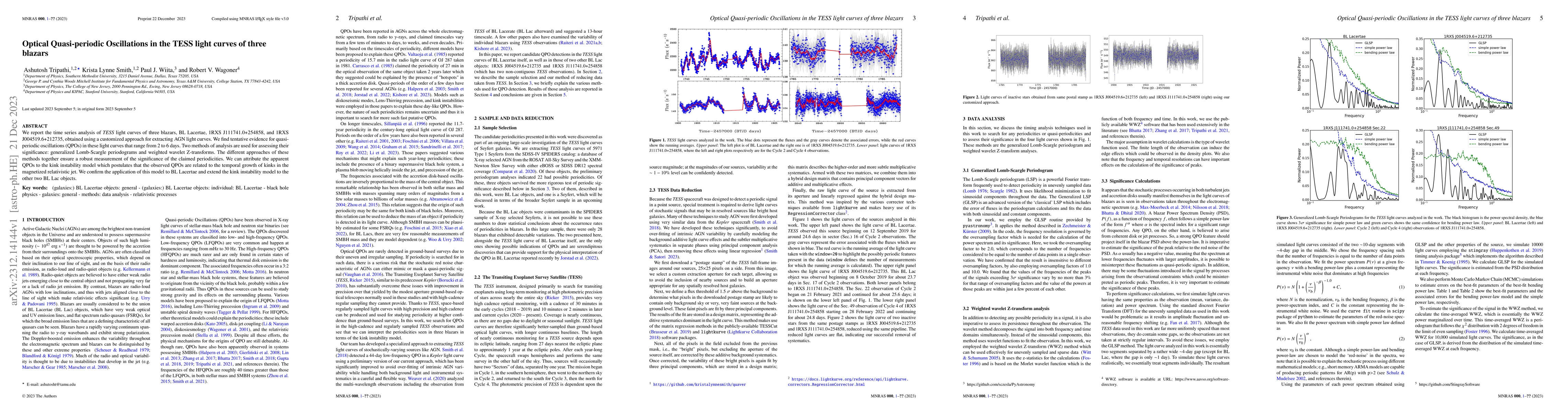 Thumbnail for Optical Quasi-periodic Oscillations in the TESS light curves of three
  blazars