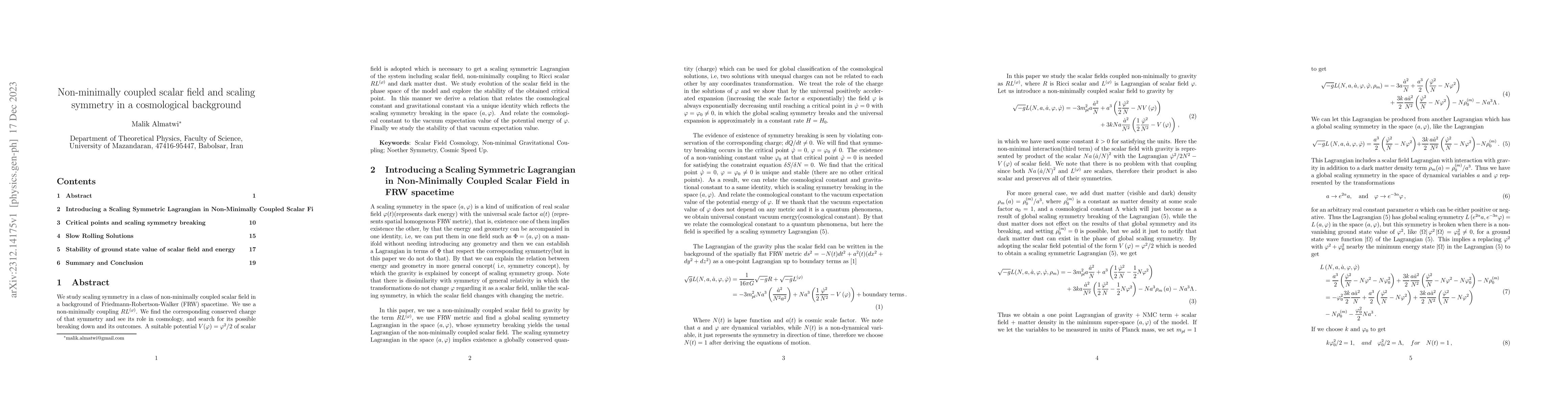 Thumbnail for Non-minimally coupled scalar field and scaling symmetry in a
  cosmological background
