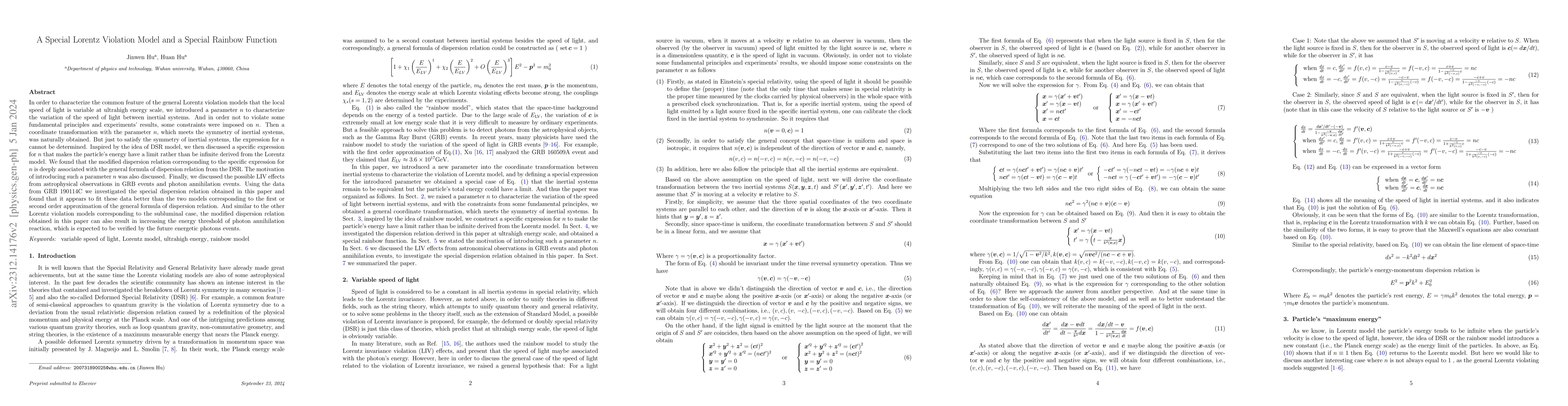 Thumbnail for A Special Lorentz Violation Model and a Special Rainbow Function