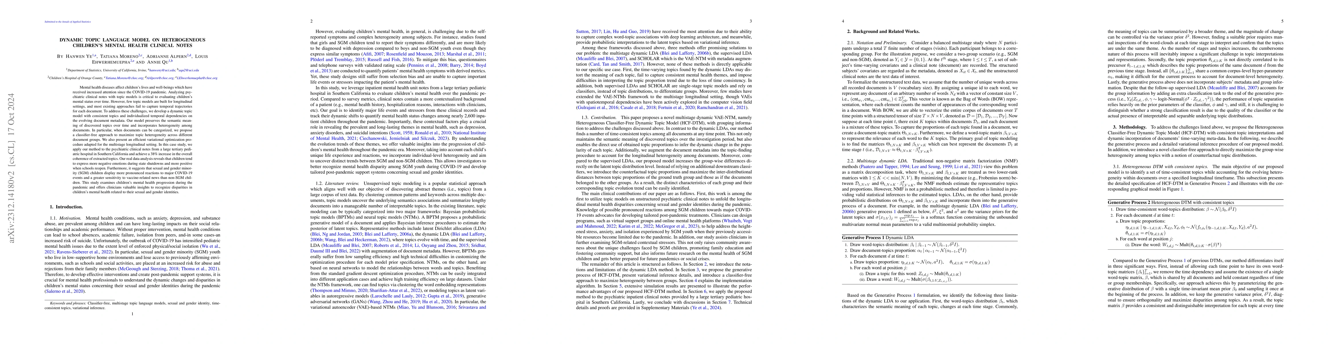 Thumbnail for Dynamic Topic Language Model on Heterogeneous Children's Mental Health
  Clinical Notes